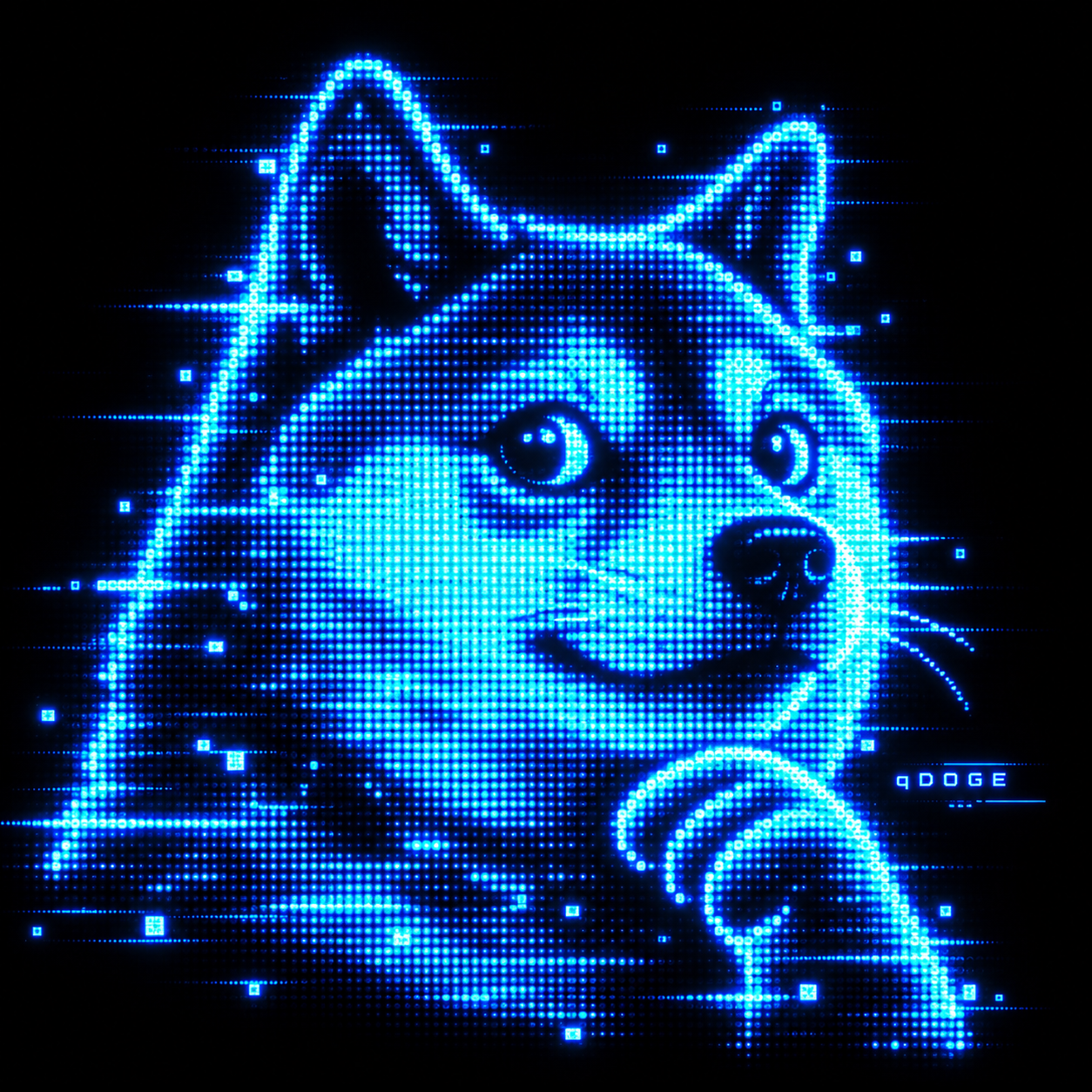 The Quantum Doge PFP, a bright blue precision-dot scan of Doge on black